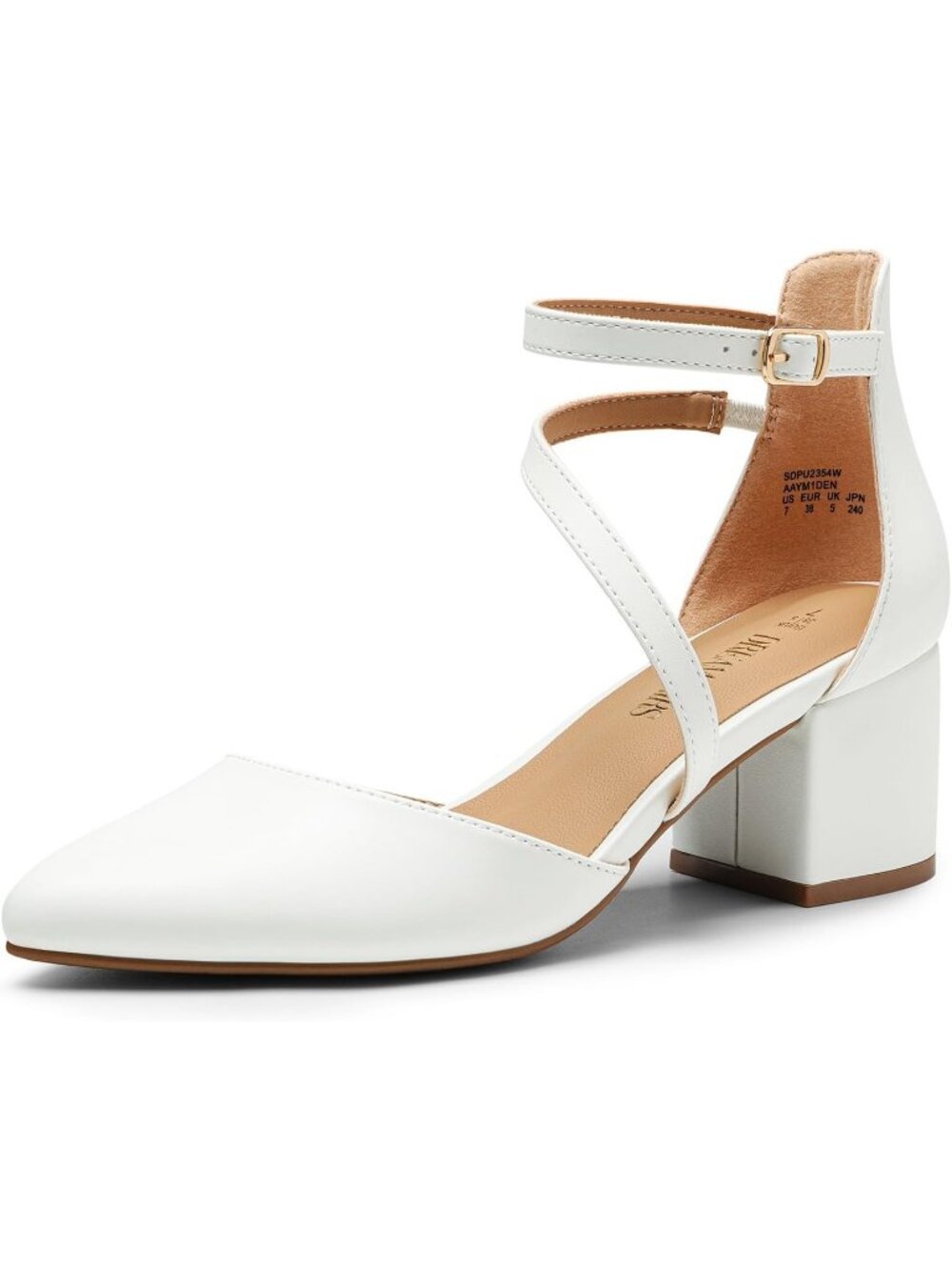 Women's White Pu Leather Block Heels Pumps Closed Pointed Toe Ankle Strap Shoes